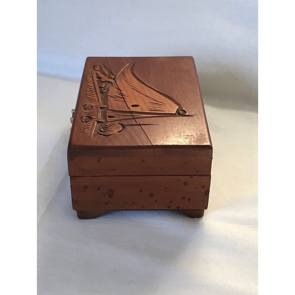 Wooden Jewelry Box with Carved Sailboat boat beach ocean trinket collectible - Picture 3 of 9